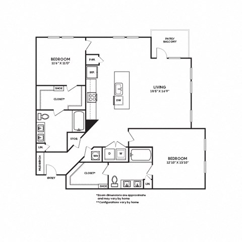 Floor plan for 2 beds, 2 baths, 1340 sqft